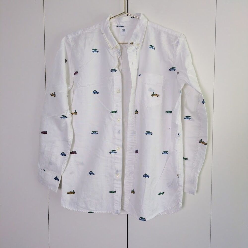 GAP BOYS WHITE CHRISTMAS TRUCK LONG SLEEVE BUTTON DOWN SHIRT NEW SIZE XXL 14-16